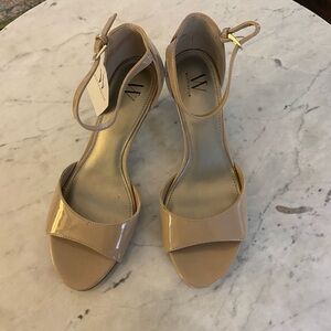 Worthington Garnet nude open-toe sandal low/kitten heel ankle strap.